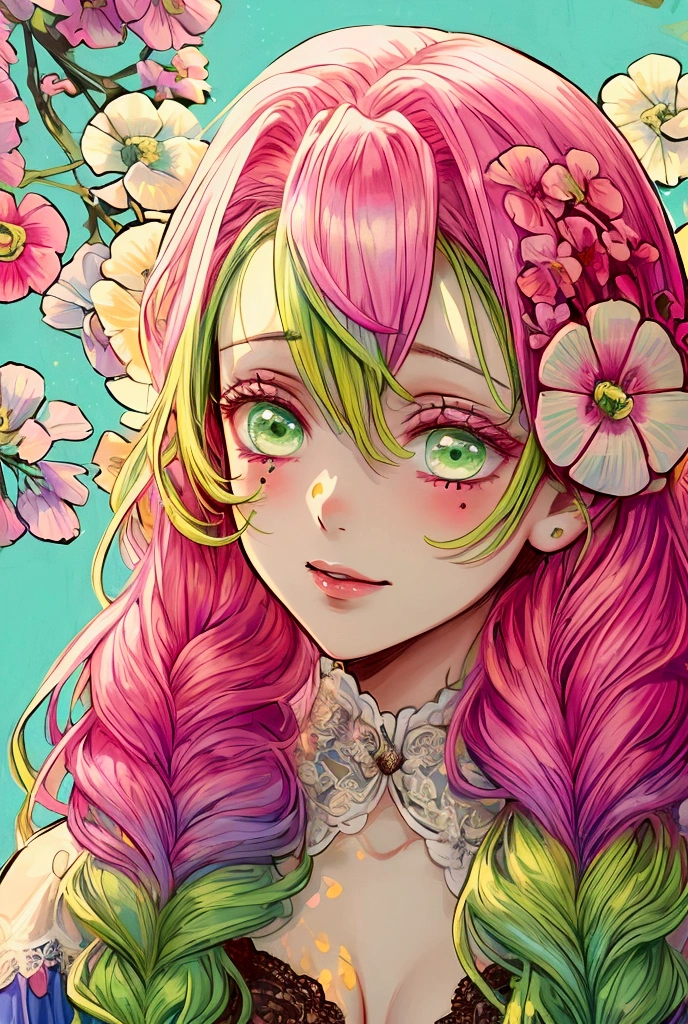Convert your flower art into illustration.、Create backgrounds with vibrant colors and unique touches The type of flower is statice、Gypsophila、sweet pea、Mix in some lace flowers, portrait, face portrait, big breasts, cleavage, pink hair, green eyes, (green highlights), green braids,