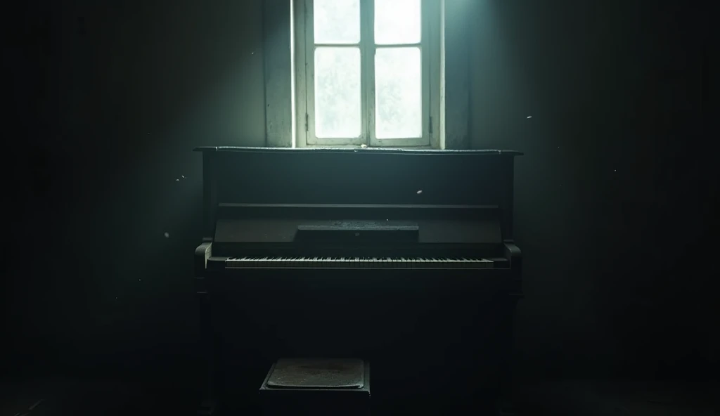 minimal photo of lost places piano light fall through a window light beams in atmospheric dust
