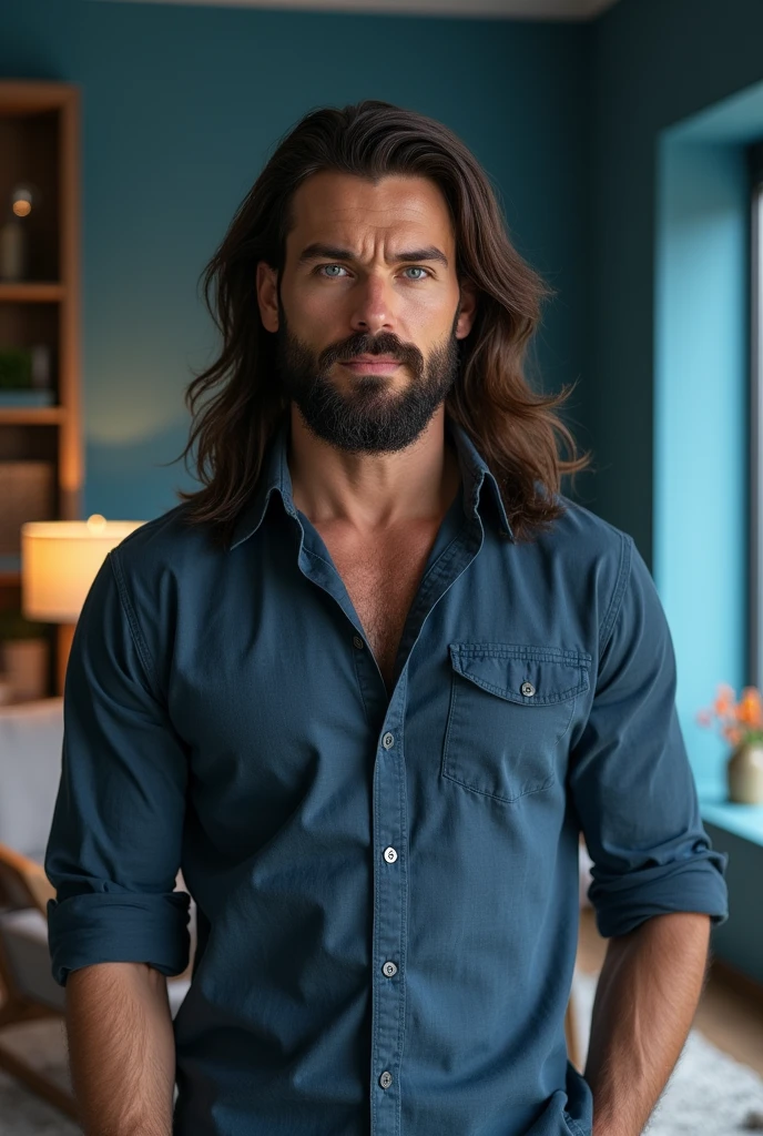 (Homem com home clothes ), ), (usando barba longa e cheia,) (olhos azuis) (retrato) Attractive and serious look, Cabelos castanhos escuros, Elegante e elegante, e camiseta de corpo forte, Homem parecido com o ator Jamie Dornan, (imagem realista e de alta qualidade), in the background Scandinavian apartment with design furniture and with blue wall color in the background, ((best quality, 8k, master part).