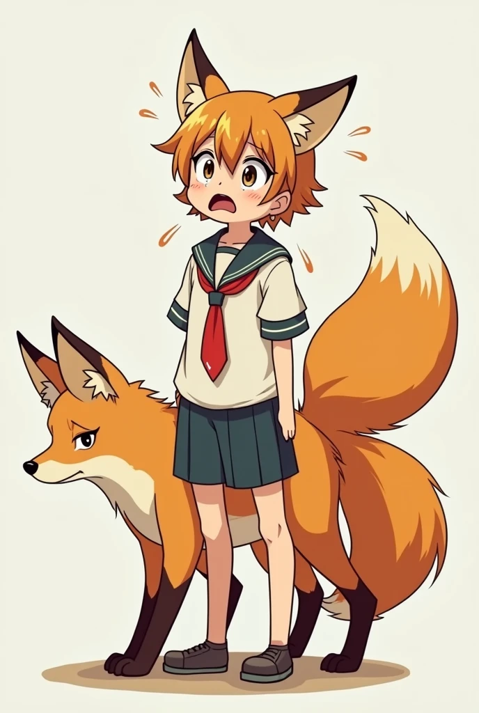 A boy's lower_body is becomed to a fox(Japanese anime style)(four legs)(three tails)(scared and crying)(student costume)(fox_taur)
