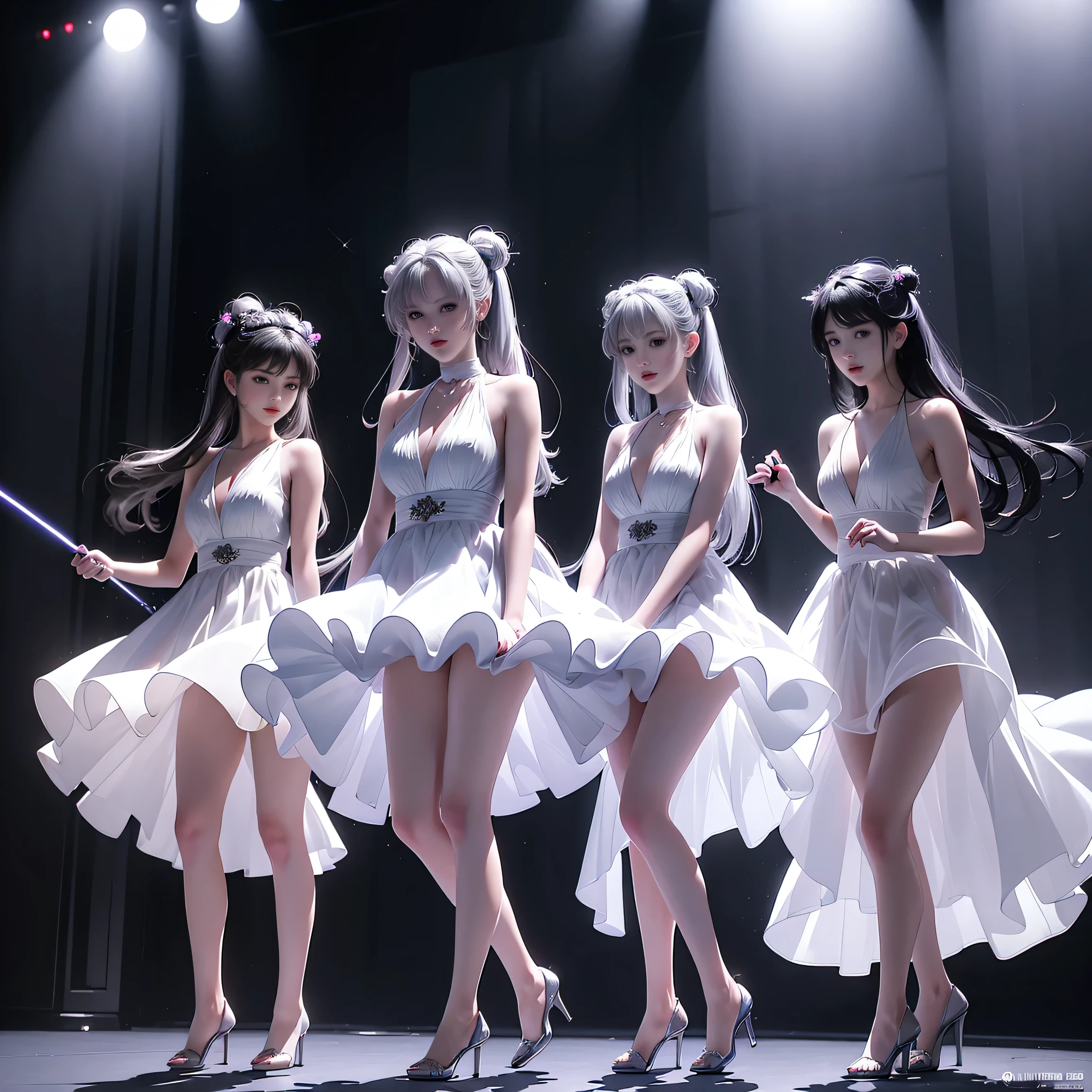 ((A trio of girls standing on the stage in the main hall))、(Rear view)、(look back),蛍光color、((３People Girls)),Look to the side、Beautiful Face、Beautiful Eyes、(Big Blue Eyes）、（Silver dull hair）、Shiny Hair、Glowing Skin、Reduce glare、Finger Proportion Adjustment、Escrow、Bat View、（Dancing（）、Dynamic Angle、（Master Parts）、（Highest quality）、（Ultra detail）、（An Illustration）、（Detailed light）、（Very delicate and beautiful）、Dramatic Shadows、Ray Tracing、reflection、超高画質 High resolution、（Master Parts）、（Highest quality）、（Ultra HD）。High resolution、（（Colorful hair and mesh））、Her hair flutters in the wind、（大きな深い青colorの目）、Silver Hair、haired woman、Sparkling Butterfly、Sparkling Butterfly、黒haired woman、Points of light around the woman、Magical Aura、緑colorの点、The nature of the aura、Magical Aura黒haired woman、((Translucent white one-shoulder dress：1. 3）、（Sleeveless）、（The skirt flutters in the wind）、（Searchlight）((color々Laser beam))、（I can see her white panties）（Full Body Shot）、（Long legs）、（High heels）、holding a microphone in one hand、
Prepare

