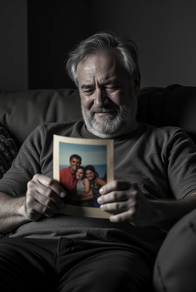 A 30-year-old man with a heavy heart, his eyes swollen and brimming with unshed tears as he sits solemnly on a well-worn couch. His posture is bent, as if carrying the weight of the world, and his grip on a faded photograph is tight yet gentle. The photograph, a tangible vestige of happiness, is pressed against his chest as if to hold onto the warmth of the cherished memories it holds. The man's face is a canvas of sorrow, etched with lines that suggest a maturity beyond his years. The room around him is dimly lit, with shadows playing across the walls, creating an atmosphere of quiet melancholy. The couch is adorned with a casual disarray of cushions and a throw blanket, hinting at the comfort that once filled the space. A faint smile lingers on his lips, a poignant reminder of the joy captured in the image he holds. The photograph itself is a vibrant contrast to the monochrome scene, depicting a younger version of himself with an arm slung over a laughing wife, surrounded by two smiling children. In the background, a blur of motion indicates a time of carefree activity, likely a family vacation or a holiday gathering. The stark contrast ween the present and the past is palpable, serving as a silent narrative of love, loss, and the relentless march of time. The couch, once a gathering place for laughter and shared stories, now holds only a solitary figure and his poignant reminder of days gone by.