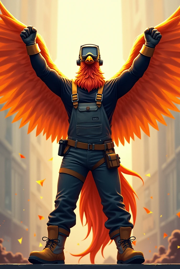 Ave fenix, with welding mask on head, safety glasses, ear plugs, Security boots,  gloves, black overalls and black long-sleeved shirt, cheered up