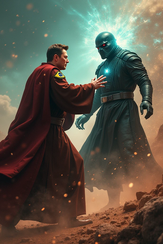 Image with Elon Musk's Star Wars Obi outfit with Brazil patch pushing Voldemort in a battle