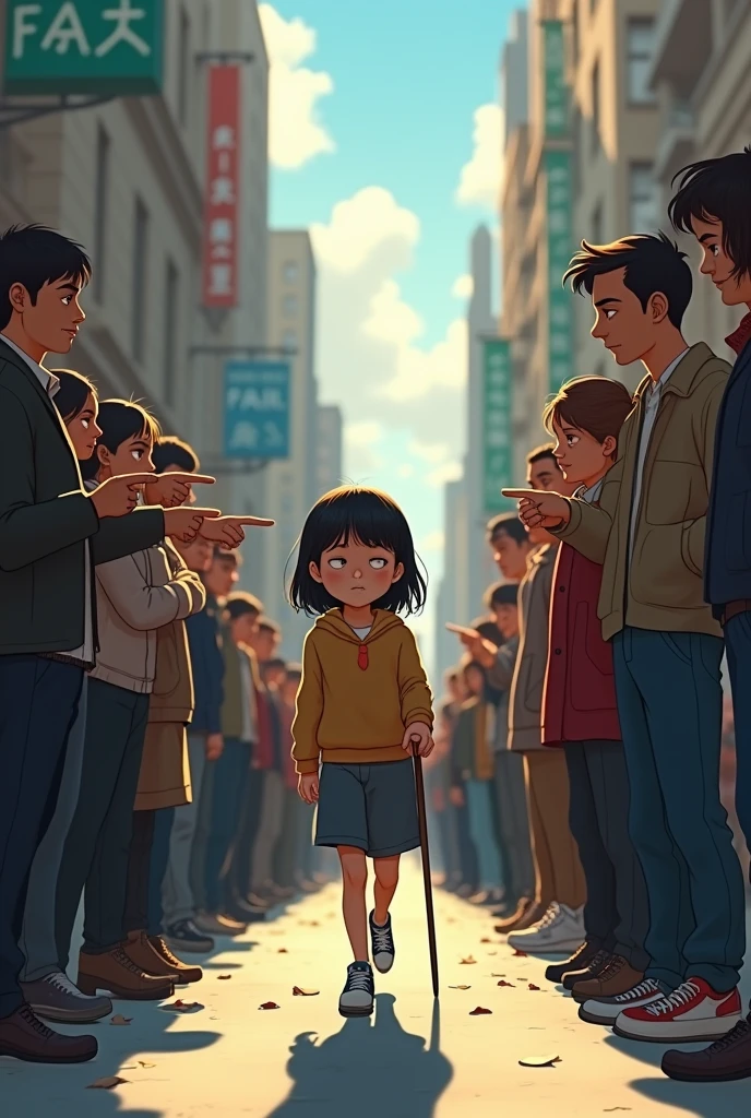 A  BLIND GIRL WALKING DOWN THE STREET AND PEOPLE POINTING THEIR FINGER AT HER 