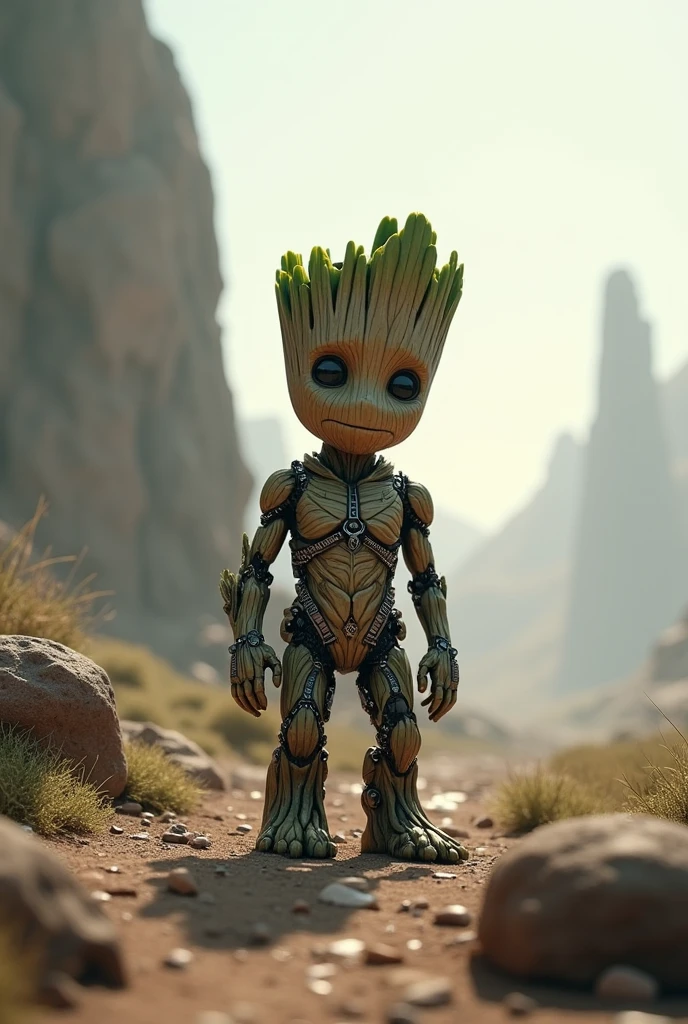 cyborg groot have little height standing in a planet lonely