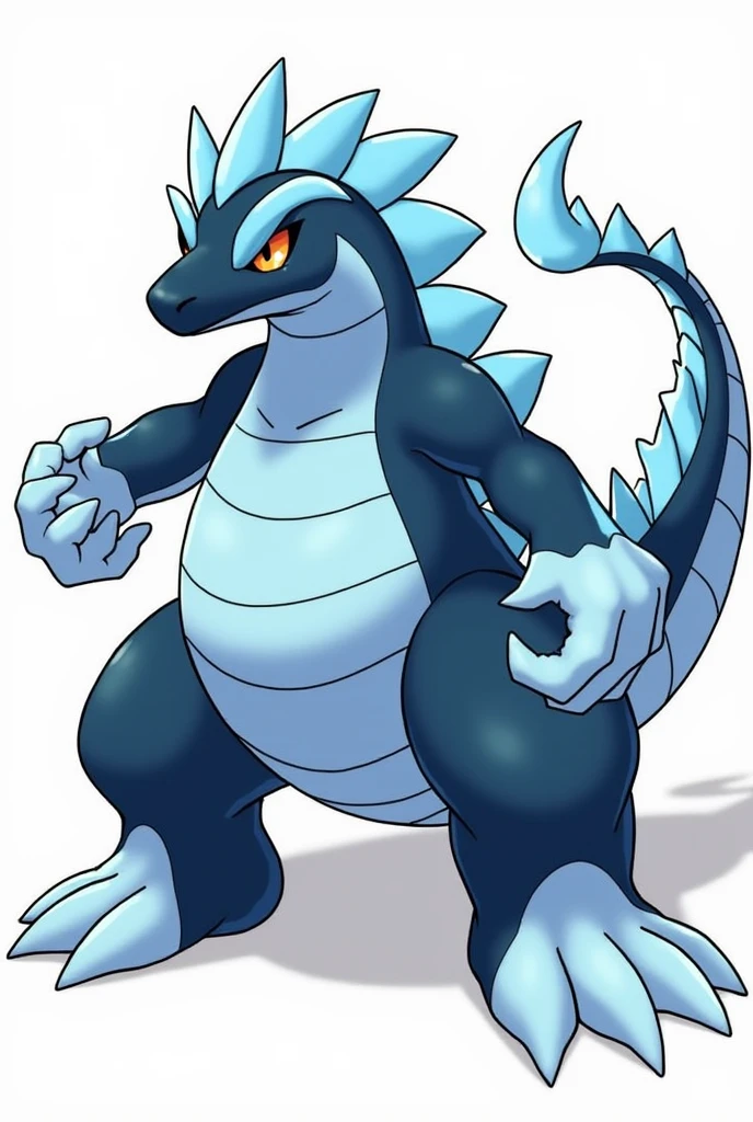 "Design the final evolution of a Water-type Pokémon/Ice inspired by an iguana. This stage should feature a big and powerful Pokémon., with sharp ice scales protruding along its back and tail. Your body should be muscular and robust., with a design that combines elements of an aquatic reptile and arctic creatures. The Pokémon has a predominant dark blue tone on its body., with light blue and ice white details on the scales that cover parts of its skin. The ice ridge along its back is larger and more pointed than in its pre-evolutions., and his eyes shine with an intense cold, Demonstrating his power and affinity with ice. His posture is aggressive, with sharp claws ready to attack, and its mouth shows large, threatening fangs. The tail is long and reinforced with ice shards that can be used as a weapon.. This Pokémon must convey a feeling of relentless cold and overwhelming strength., as if ready to defend its icy territory. The design should retain details of its previous evolutions but with a more intimidating and dominant appearance.."
Pokemon style
**Image size:** 1024x1024