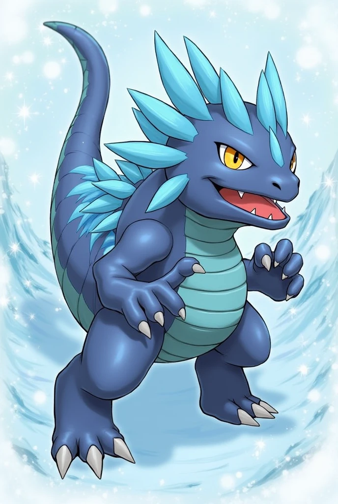 
"Design the final evolution of a Water-type Pokémon/Ice inspired by an iguana. This stage should feature a big and powerful Pokémon., with sharp ice scales protruding along its back and tail. Your body should be muscular and robust., with a design that combines elements of an aquatic reptile and arctic creatures. The Pokémon has a predominant dark blue tone on its body., with light blue and ice white details on the scales that cover parts of its skin. The ice ridge along its back is larger and more pointed than in its pre-evolutions., and his eyes shine with an intense cold, Demonstrating his power and affinity with ice. His posture is aggressive, with sharp claws ready to attack, and its mouth shows large, threatening fangs. The tail is long and reinforced with ice shards that can be used as a weapon.. This Pokémon must convey a feeling of relentless cold and overwhelming strength., as if ready to defend its icy territory. The design should retain details of its previous evolutions but with a more intimidating and dominant appearance.."
Pokemon style 

**Image size:** 1024x1024