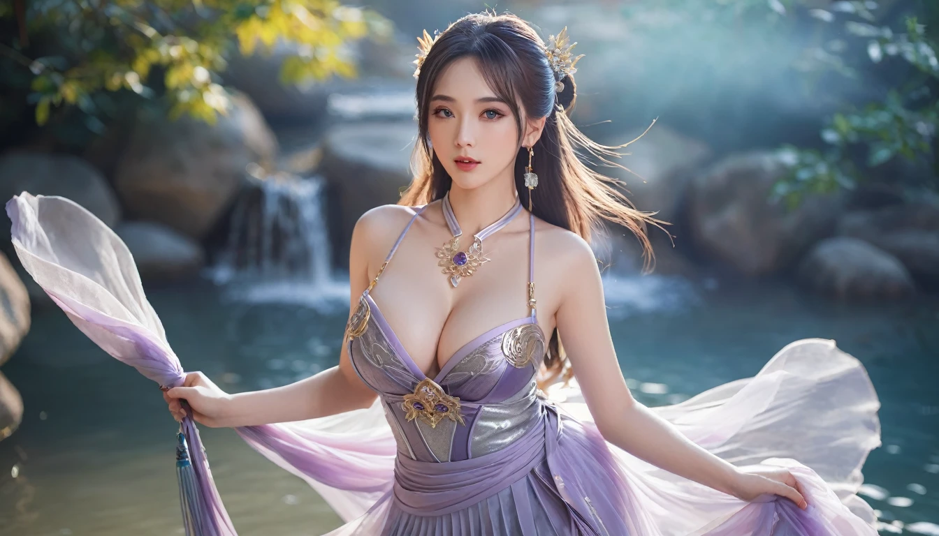 high quality,HD,16K,Sharp Line,1 Girl,fantasy, （Fire Spirits）,Pretty Face, Large Breasts, Beautiful legs,In the water,Focus Girl,detailed Pretty Face,Detailed clothes,beautiful eyes,Cool,Sexy,Dynamic Angle,穿着华服的神明Strike a pose拍照, Ancient mysterious sexy goddess, Traditional beauty woman, Beautiful female warrior god of war , Beautiful sexy goddess, Gorgeous role-playing, high, Beautiful young girl, Beautiful woman, 华丽Beautiful woman, Complex clothing,Chinese Mystical Aesthetics, Beautiful goddess ancient mysterious girl, Extremely detailed shot of the goddess, Jaw-dropping sexy beauty, Big breasts deep neckline sexy belly button（butt), (bedroom), (Sexy Girls), masterpiece, best quality, Bangs, blush, Chest, clavicle, Eyebrows visible through hair, (Ombre gold hair), Jewelry, Long hair,Bright Eyes, ring, (solitary), illustration, fashionable, miss, Strike a pose, background, element, confident, Express, Accessories, majestic, striking, key point, Dynamic poses, ((plump)), (purple))Woman in transparent dress,Viewer,(((Full breasts, Keeley University))),Slim waist,(Navel exposed,Bare waist), Long hair, extreme detailed details, 详细的fantasy艺术, Stunning character art, Beautiful and exquisite character art, Beautiful transparent dress, Very detailed, Large Breasts，Chest，Golden ratio figure，Beautiful figure，Ultra wide-angle shooting，Full body shot拍摄，Body close-up，Full body shot，Wearing a pleated tulle skirt，柔和动漫illustration, 柔和的深色background，Fujifilm XT3 Clear focus, f 5.6, High Detail, Clear focus,(Wearing openwork clothing),, (Natural light), (Tempting)translucent, Good velvet quality, Compared, Divine Light,, Silver hair, 夜空background, Absolute Strength,Female Shinmei，穿着性感丝绸的Female Shinmei,，Large Breasts，Chest，Golden ratio figure，Beautiful figure，Ultra wide-angle shooting，Full body shot，Body close-up，Full body shot， Wearing a tulle dress, Model shooting style, Large Breasts，饱满Chest，Golden ratio figure，Beautiful figure，(Extremely detailed CG 8k wallpaper unit), The most beautiful artistic photos in the world, , 8K 超HD, ) ，Sexy姿态，Sexy表情，best quality,masterpiece,Ultra-high resolution,(Practical:1.4),original photo,Ultra-high resolution