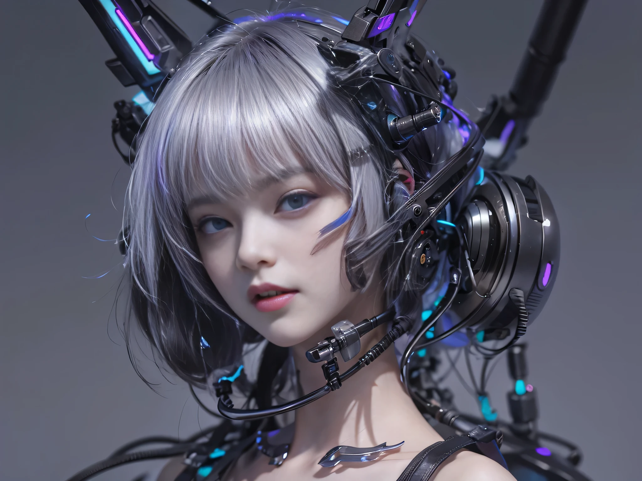 Highest quality、masterpiece、Ultra-high resolution、(Photorealistic:1.4)、Sleep together、grayトーン、Lomo Camera、((Ambient Dimming))、garlic、(White hair bob cut)、Glowing Skin、1. Mechanical Girl、((Ultra-Realistic Details))、Portrait、Global Illumination、Shadow、Octane Rendering、8k、Super sharp、Bare skin exposed in the cleavage、Metal、Very intricate details、Realistic Light、CGSoation Trend、Purple eyes、Shining Eyes、To the camera、Blood vessels connected to tubes、Cervical vertebrae mechanically attached to the neck、Sit on、Wires and cables connected to the head、Small LED Lamp、((Cyberpunk Background))、Black Dress、Cat ears、(Black Ring)、Exposing shoulders、((Metal Chrome))、The gem is black、gray、Black lace trim、Backlight
