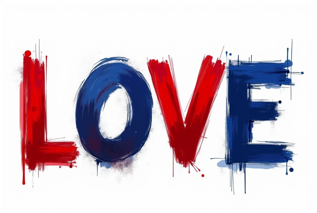 irregular red-blue inscription "love", creative ,capital letters, a very irregular painting with a ragged brush, blurred edges from fingers, the colors blend into each other, irregularity, irregular edges, on a white background, the texture from the brush can be seen in the text