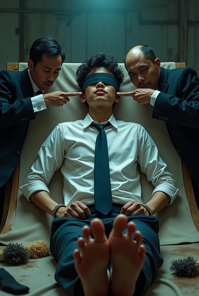 Malaysia malay handsome 25 years student
He fainted
His hand handcuff in abondon warehouse
Blindfolded
handcuff
Formal Outfit
Focus sweaty hot feet on desk
feather duster on desk
Dirty Blacksock on desk
2 mafia pinch nose
His feet smell