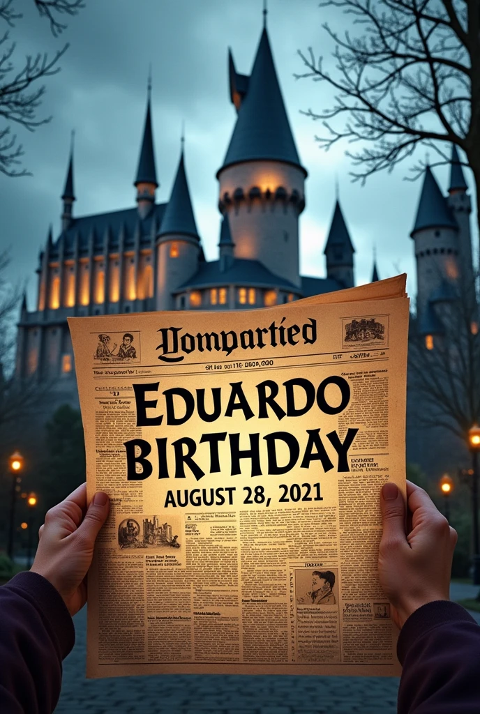 A page from the Hogwarts newspaper in full screen with the words “Eduardo, born on August 28, 2021 turns ”