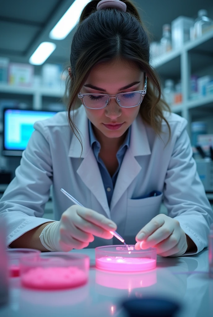 A female nutritionist, cientist, doing research and analyzing small pink colored petri dishes and wearing gloves