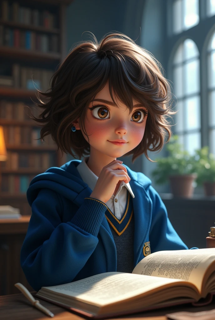 Hogwarts Ravenclaw girl, brown hair, brown eyes,  some blue in hair as well. Hair is short wolfcut. 
