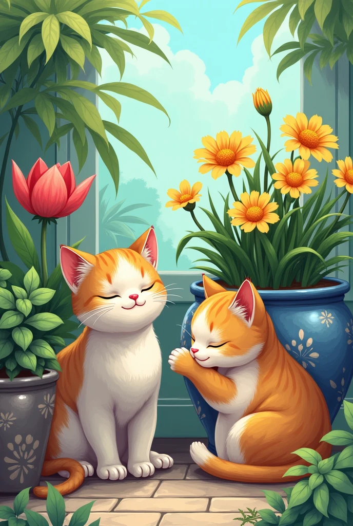 A cat lying down between flower pots and one that looks just like him and that is molding the flower pot in anime style. The flower pots have to be striking figures of elephant bears.