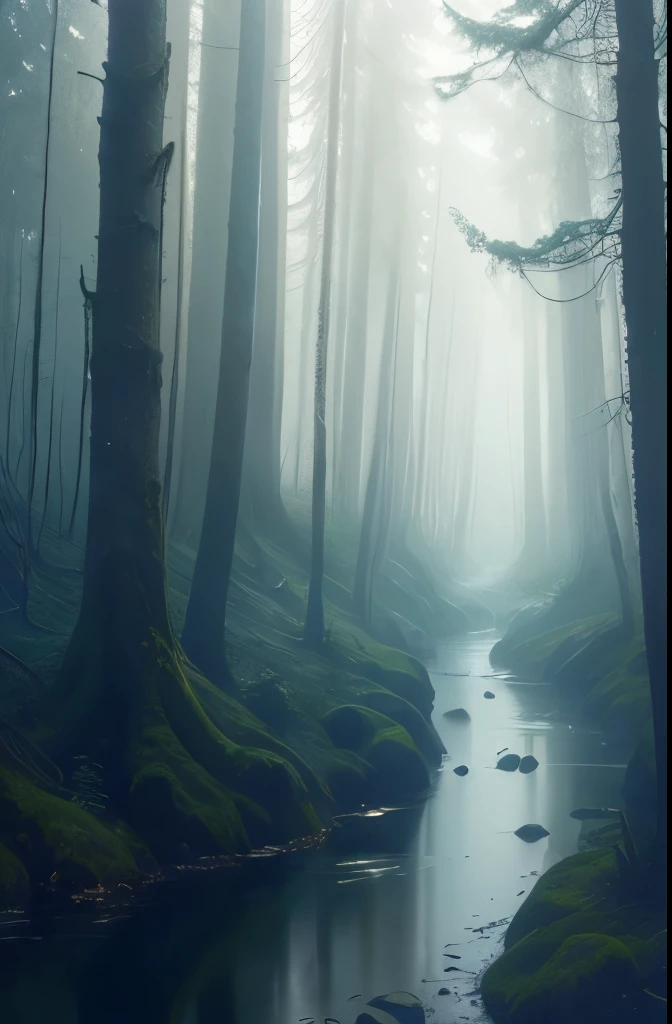 arafed view of a stream running through a forest with trees, a matte painting by Carl Rahl, flickr, tonalism, mysterious ， stream, melting and dripping. eerie, eerie shimmering surroundings, river in the wood, real-life brook, photograph captured in the woods, beautiful and mysterious, moody morning light, misty woods