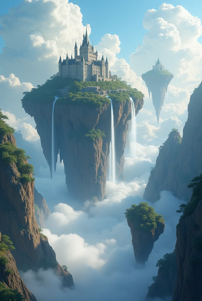 High quality and definition 8K image between clouds several floating rock islands in one of them a beautiful castle next to a waterfall