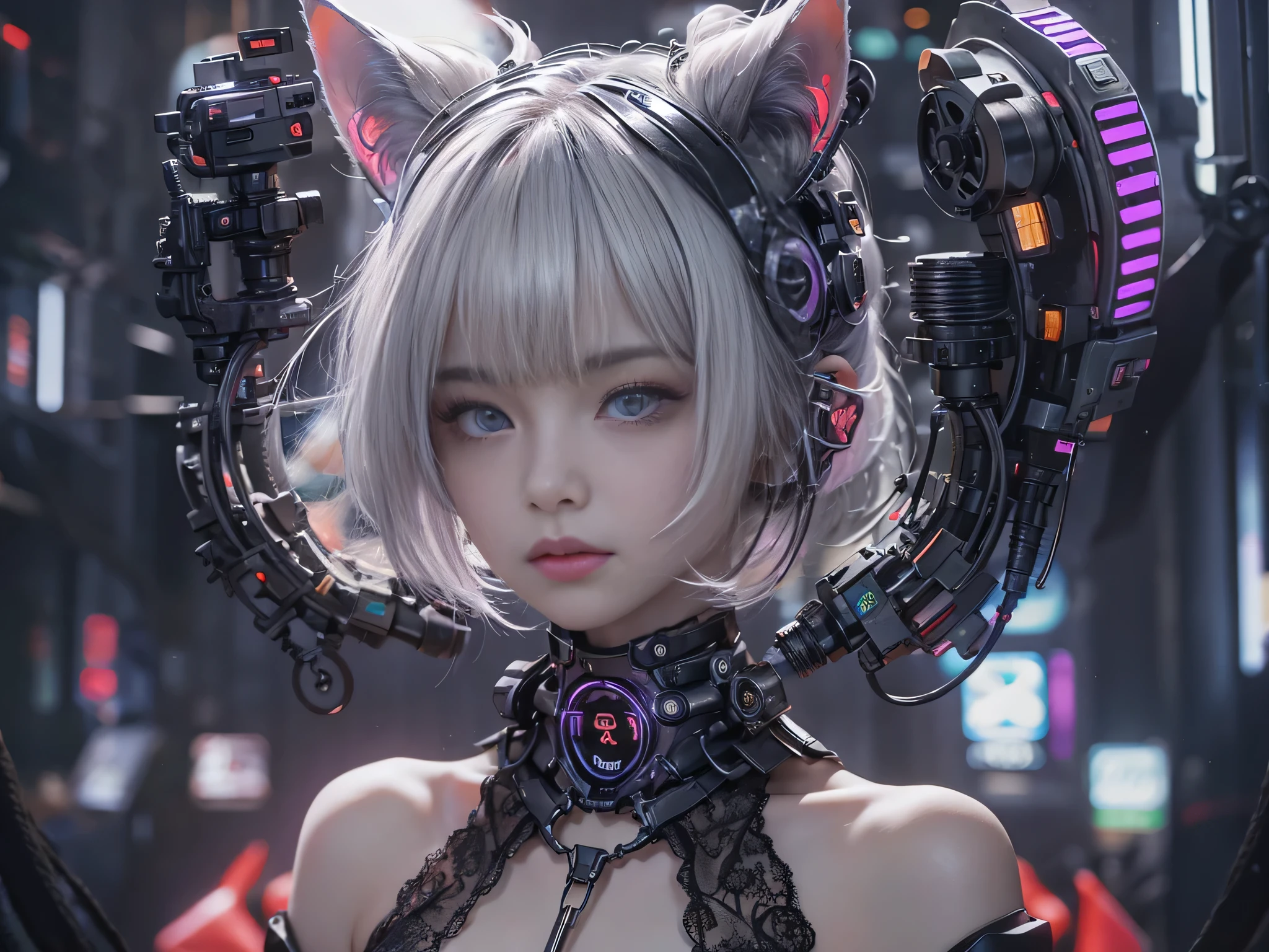 Highest quality、masterpiece、Ultra-high resolution、(Photorealistic:1.4)、Sleep together、grayトーン、Lomo Camera、((Ambient Dimming))、garlic、(White hair bob cut)、Glowing Skin、1. Mechanical Girl、((Ultra-Realistic Details))、Portrait、Global Illumination、Shadow、Octane Rendering、8k、Super sharp、Bare skin exposed in the cleavage、Metal、Very intricate details、Realistic Light、CGSoation Trend、Purple eyes、Shining Eyes、To the camera、Blood vessels connected to tubes、Cervical vertebrae mechanically attached to the neck、Sit on、Wires and cables connected to the head、Small LED Lamp、((Cyberpunk Background))、Black Dress、Cat ears、(Black Ring)、Exposing shoulders、((Metal Chrome))、The gem is black、gray、Black lace trim、Backlight