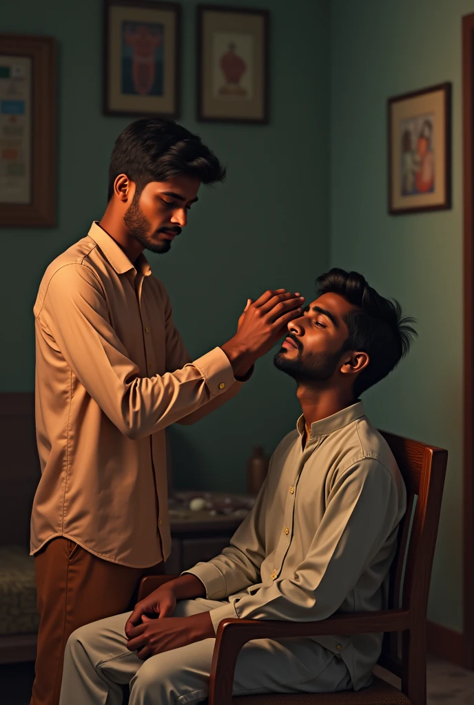 A Bangladeshi youth pressing the hair of another