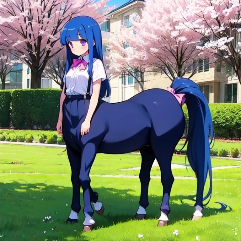 ((centaur)), ((Rika Furude)),woman, alone,
long hair, blue hair, purple eyes,
school uniform, pink bow, collared shirt, pleated skirt, suspenders, flat chest,blue sky、grass