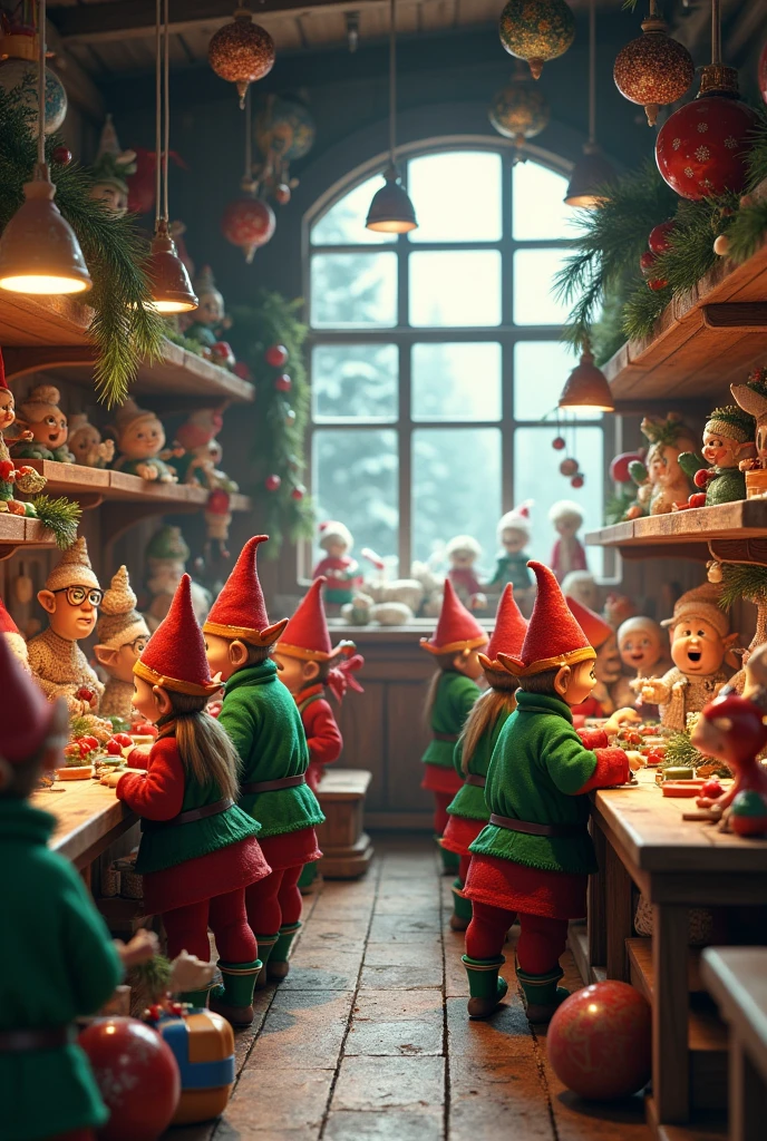 Santa&#39;s elves in their workshop, making toys, Hyperrealistic and extremely detailed image