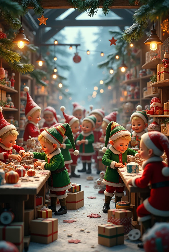 Santa's elves in their workshop, making toys, Hyperrealistic and extremely detailed image