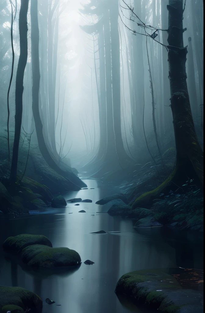 arafed view of a stream running through a forest with trees, a matte painting by Carl Rahl, flickr, tonalism, mysterious ， stream, melting and dripping. eerie, eerie shimmering surroundings, river in the wood, real-life brook, photograph captured in the woods, beautiful and mysterious, moody morning light, misty woods
