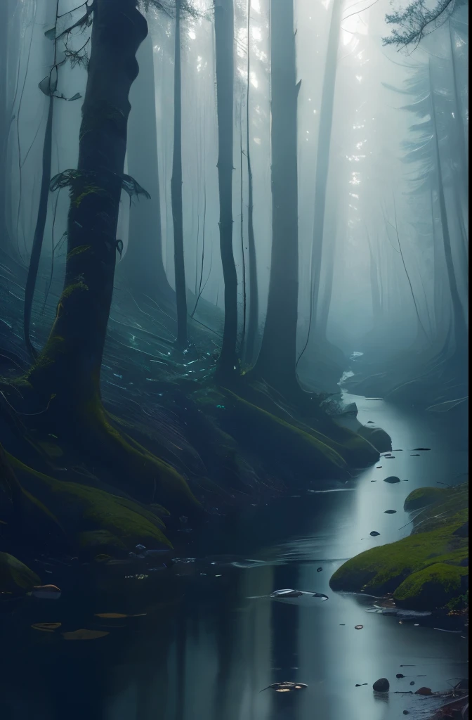 arafed view of a stream running through a forest with trees, a matte painting by Carl Rahl, flickr, tonalism, mysterious ， stream, melting and dripping. eerie, eerie shimmering surroundings, river in the wood, real-life brook, photograph captured in the woods, beautiful and mysterious, moody morning light, misty woods