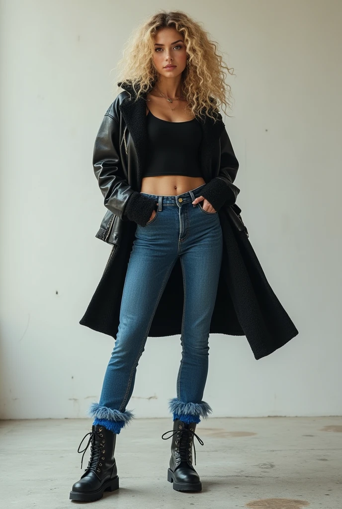 A blonde curly haired woman wearing blue high waisted jeans, a brown, almost black combat boot with a blue gaiter over it and a short black leather jacket with a black wool coat underneath