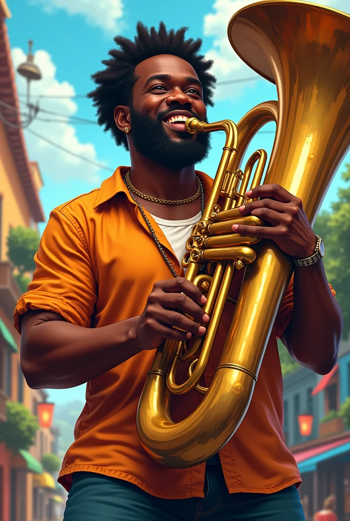a black brazilian man playing an instrument called tuba i want this image in vector