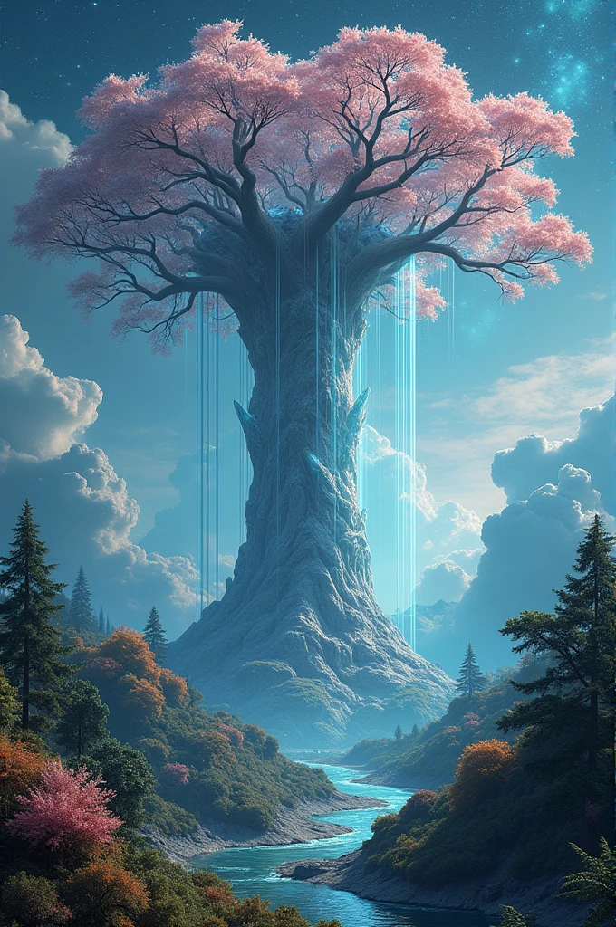 Illustration of a surreal, otherworldly, hyper sky scene including a giant crystal tree full body, highly detailed and magical lighting, intricate forest details, vegetation and surrounding river, solar punk, landscape, giant tree , beautiful green leaves, beautiful lighting and realistic proportions, as if this is a movie background, 8k, highest quality, masterpiece, clouds and stars in the sky. Size 1920x1080