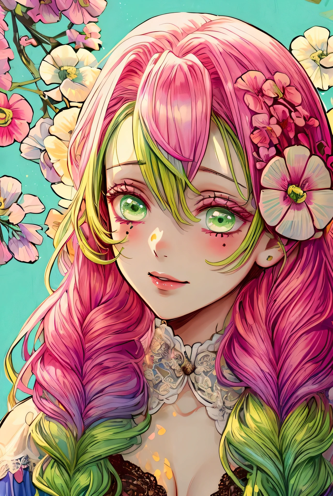 Convert your flower art into illustration.、Create backgrounds with vibrant colors and unique touches The type of flower is statice、Gypsophila、sweet pea、Mix in some lace flowers, portrait, face portrait, big breasts, cleavage, pink hair, green eyes, (green highlights), green braids,