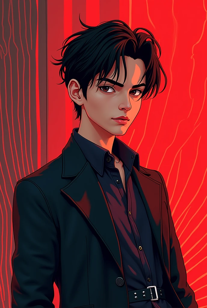 A boy age 16 coat shirt background red color and different lines look stylish
