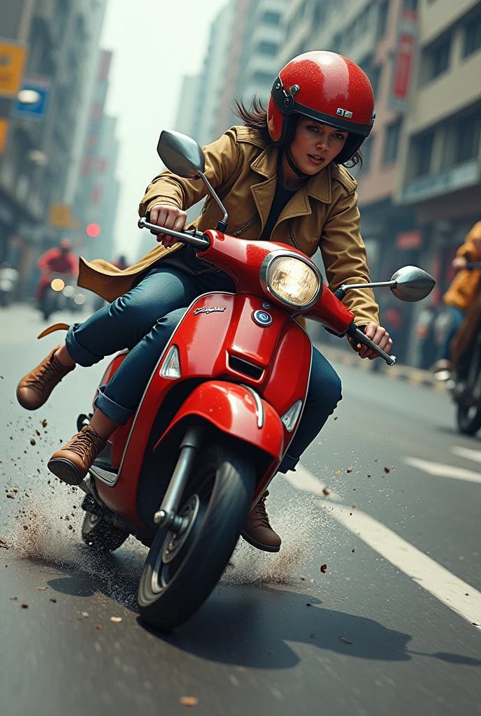One burkan women wearing helmet fall from scooter by skid where scooter one side and women one side which caused women to hit her chin to the road