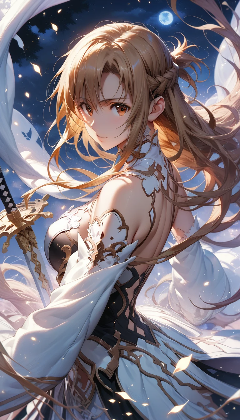  (Asuna Yuuki), (sword art online), all body in dynamic pose, (intricate details), moonlight passing through hair, floating hair, perfect night, fantasy background, (official art)
