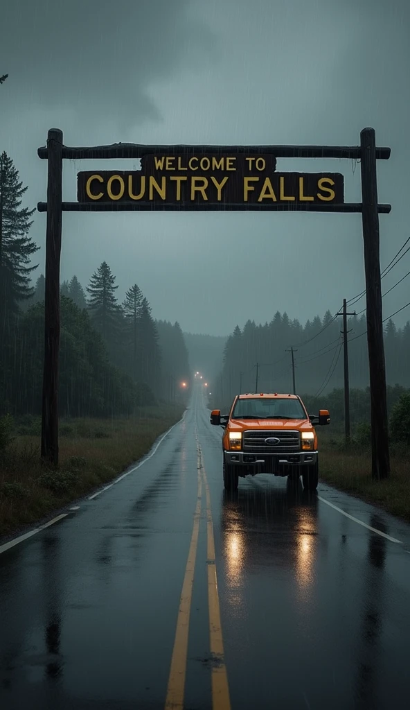 A photo of a wet, rainy road with a large wooden sign that says 'Welcome to Country Falls'. The road leads towards a distant, fog-covered town. An orange Ford F250 truck is driving towards the city. The atmosphere is mysterious with heavy fog and rain, creating a shadowy and eerie mood. The city name, 'Cidade das Sombras', appears at the top of the image, enhancing the sense of mystery.