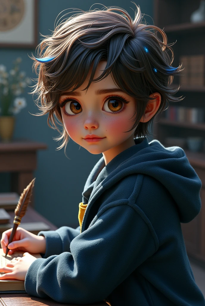 Hogwarts Ravenclaw girl, brown hair, brown eyes, some blue in hair as well. Hair is short wolfcut.
