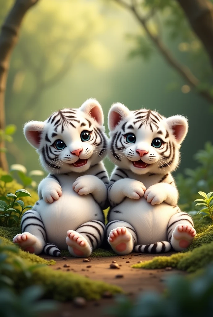 White tiger cubs lying on their backs with bloated bellies, cute image