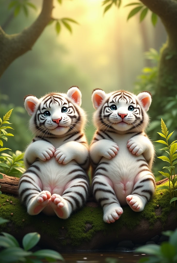 White tiger cubs lying on their backs with bloated bellies, cute image