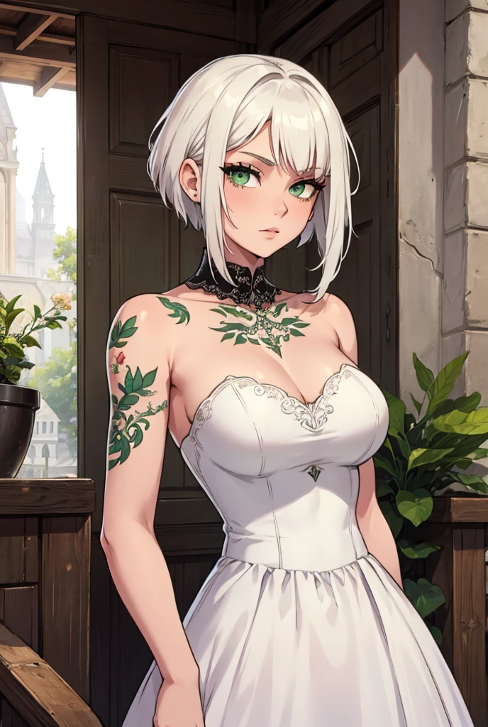 A girl with short white hair with green eyes with tattoos and wearing a wedding dress