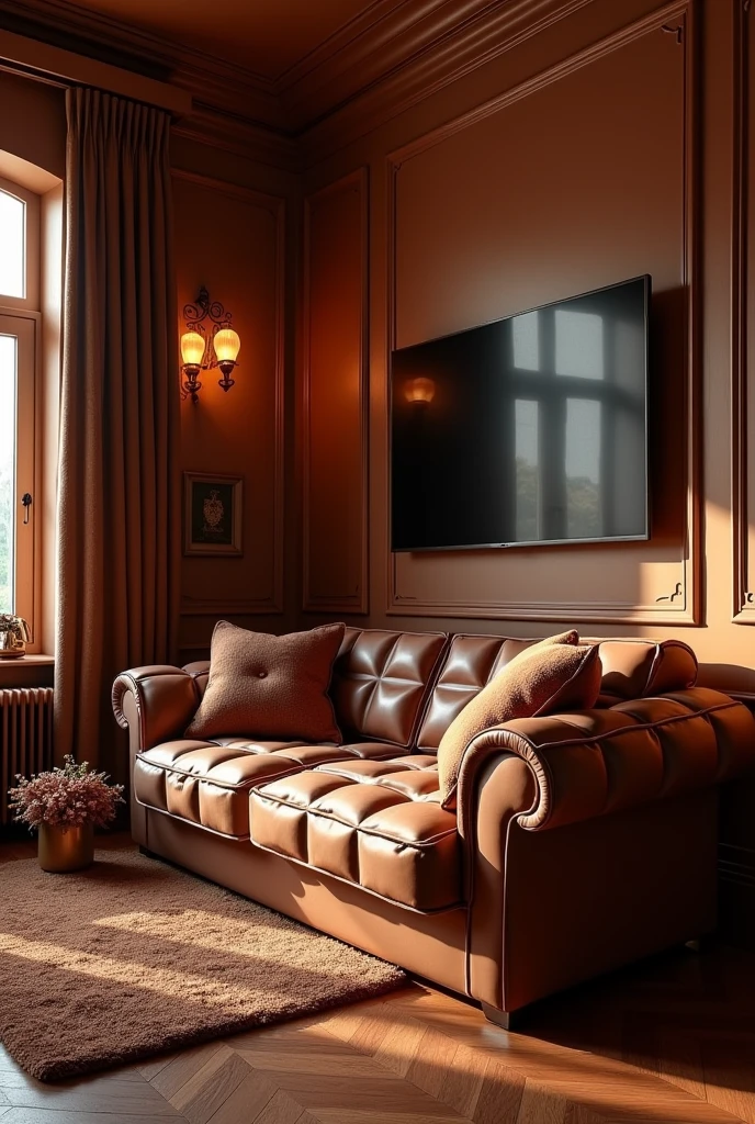 ((masterpiece, 8k, best quality, 8k, super realistic, high resolution:1.3)), living room made of chocolate, chocolate world, chocolate lighting, sofa de chocolate, sofa made of chocolate bar, tv de chocolate, chocolate bar mat, yellow lighting