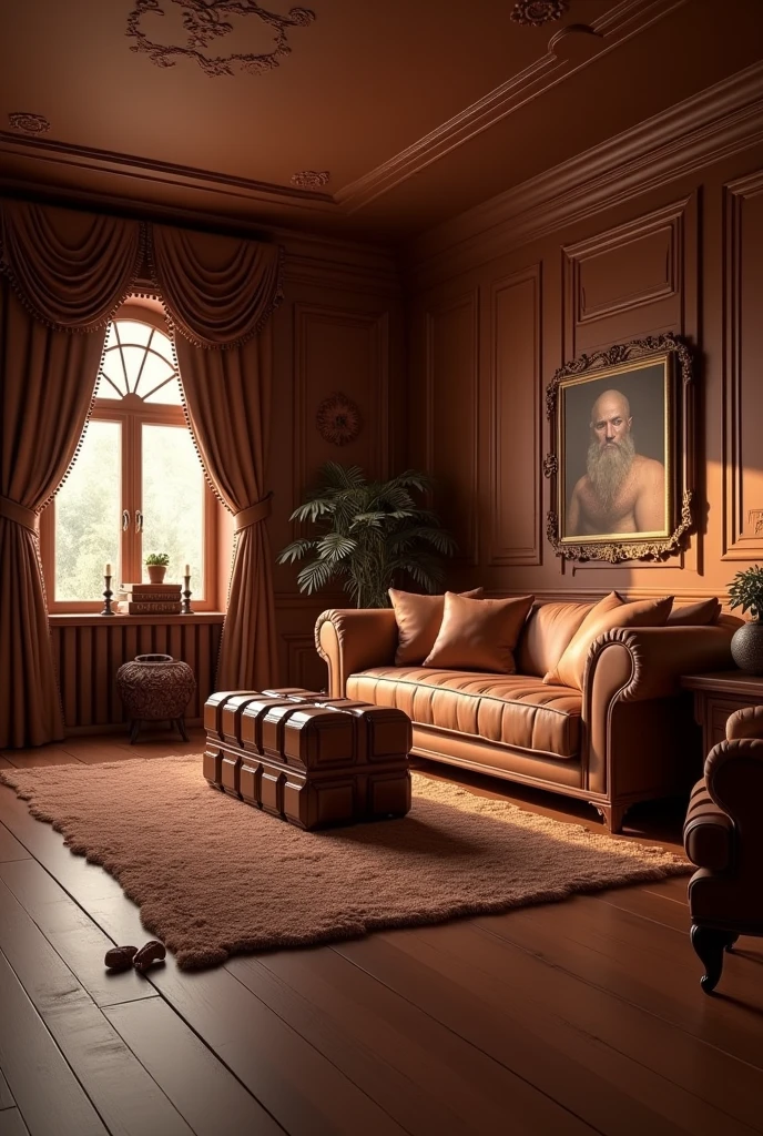 ((masterpiece, 8k, best quality, 8k, super realistic, high resolution:1.3)), living room made of chocolate, chocolate world, chocolate lighting, sofa de chocolate, sofa made of chocolate bar, tv de chocolate, chocolate bar mat, yellow lighting