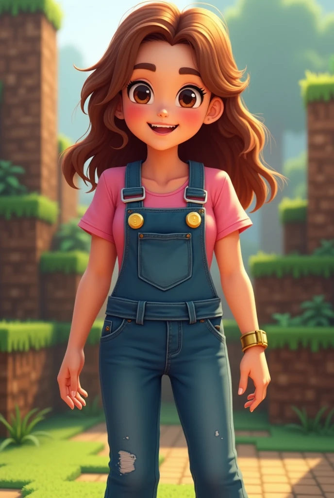I wanted a Minecraft one with brown hair, brown eyes, pink blouse, denim overalls, black shoes, small shoes, a gold bracelet, loose hair, white and some yellow buttons, make it look like a smiling cartoon