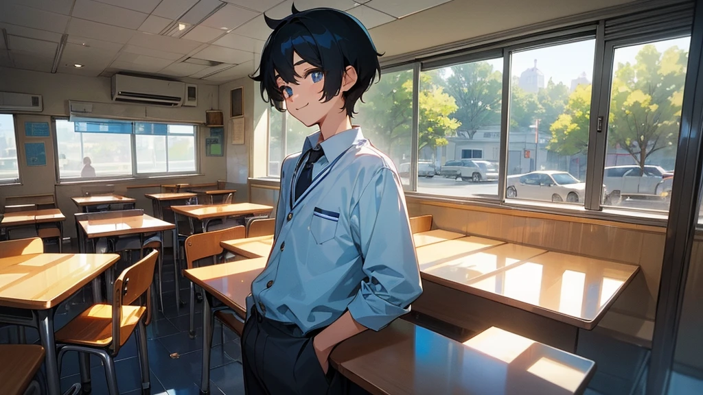 A very cool high school boy in a school uniform、smile、Black Hair、Short Hair、Blue sparkling eyes、Inside the cafe、Coffee on the table、Picture from the front、One person、solo、Retro anime style