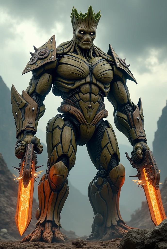 mecha groot ready to fight with big indian weapons 