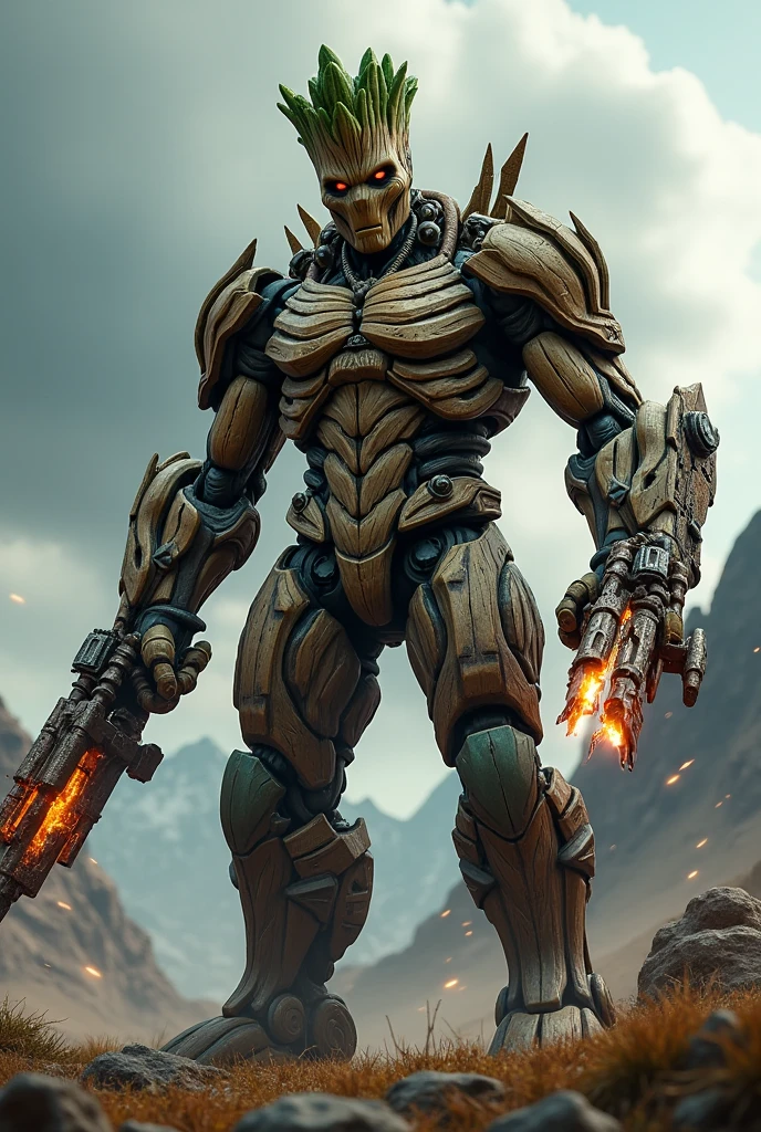 mecha groot ready to fight with big indian weapons