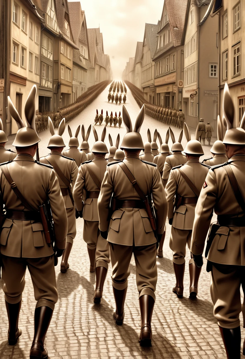 A very old sepia photograph、Former German soldiers march in formation down a beautiful street in Germany。The soldiers look desperate、A rabbit is watching the soldiers、Very old photos that show the horror of war、(A shot of a rabbit looking at a formation of soldiers from behind:1.3
) 、Realistic、フォトRealistic、スーパーフォトRealistic、(high resolution、Masterpiece、Best Quality、4K,8k、:1.3).Ultra Detail、Ultra-fine painting、Physically Based Rendering、Professional photo resolution、Award-winning photography、