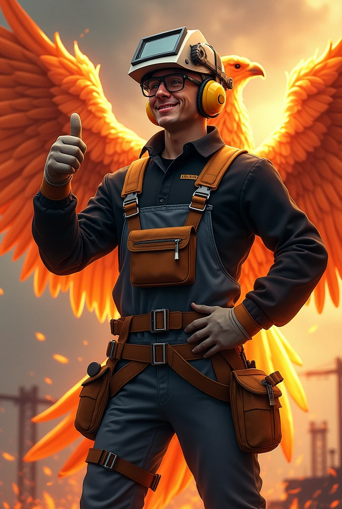 Ave fenix, with welding mask on head, safety glasses, ear plugs, Security boots, gloves, black overalls and black long-sleeved shirt, cheered up, with one hand on the waist and the other with the thumb up