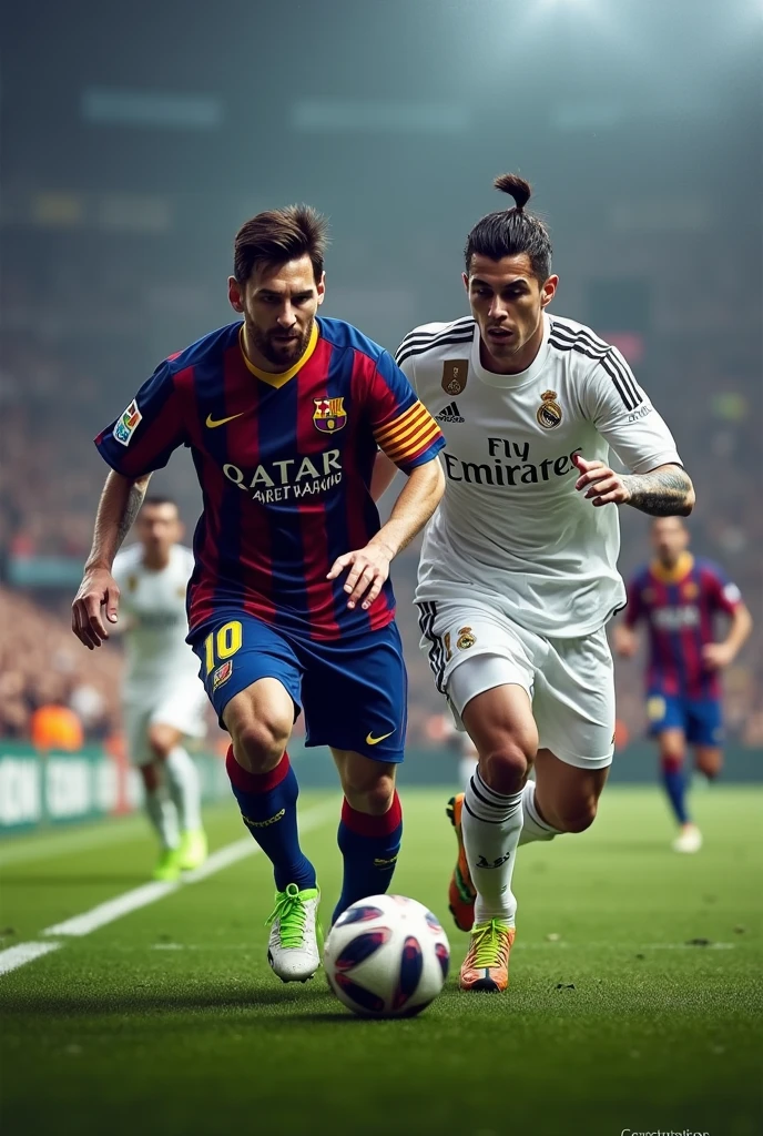 football lionel messi and ronaldo running with barcelona 2015 jersey and cristiano ronaldo with real madrid 2015 jersey